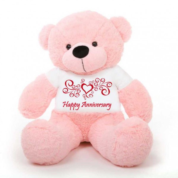 Pink 5 feet Big Teddy Bear wearing a Happy Anniversary T-shirt